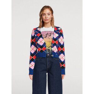 GANNI Navy Blue Red Cotton Argyle V-Neck Knit Cropped Sweater Cardigan S